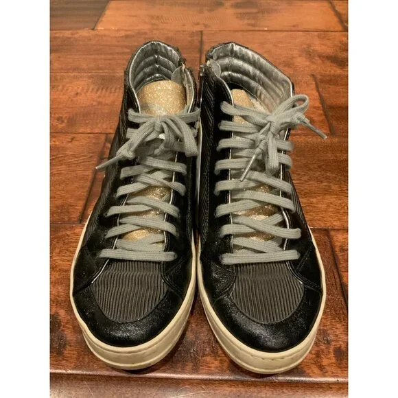 P448 Gray & Black Ribbed High-Top Sneakers Gold Tongue, Size 6 (US) 36 (IT)